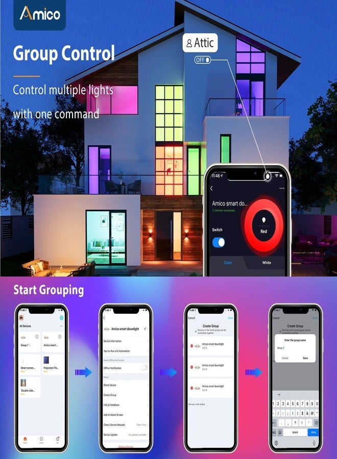 أميكو مجموعة مصابيح Amico الذكية المدمجة بتقنية الواي فاي، مقاس 5/6 بوصة، مزودة بإضاءة LED متغيرة الألوان RGBCW، قابلة للتعديل، تحكم صوتي وتطبيق، 12 واط (ما يعادل 110 واط) 1100 لومن، متوافقة مع Alexa وGoogle، حاصلة على شهادات ACK وIC وETL. - Image 4