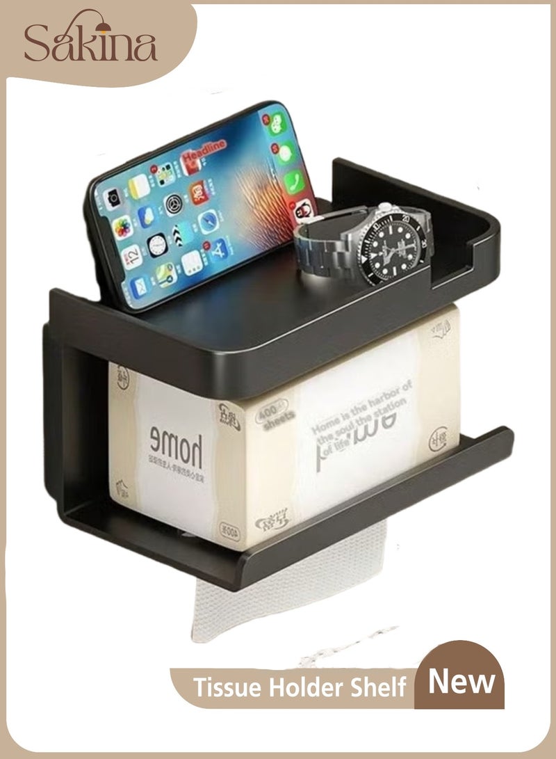 Sakina Self-Adhesive Toilet Paper Holder with Phone Shelf for Bathroom, Wall-Mounted Tissue/ Towel Roll Rack (Black) - Image 1