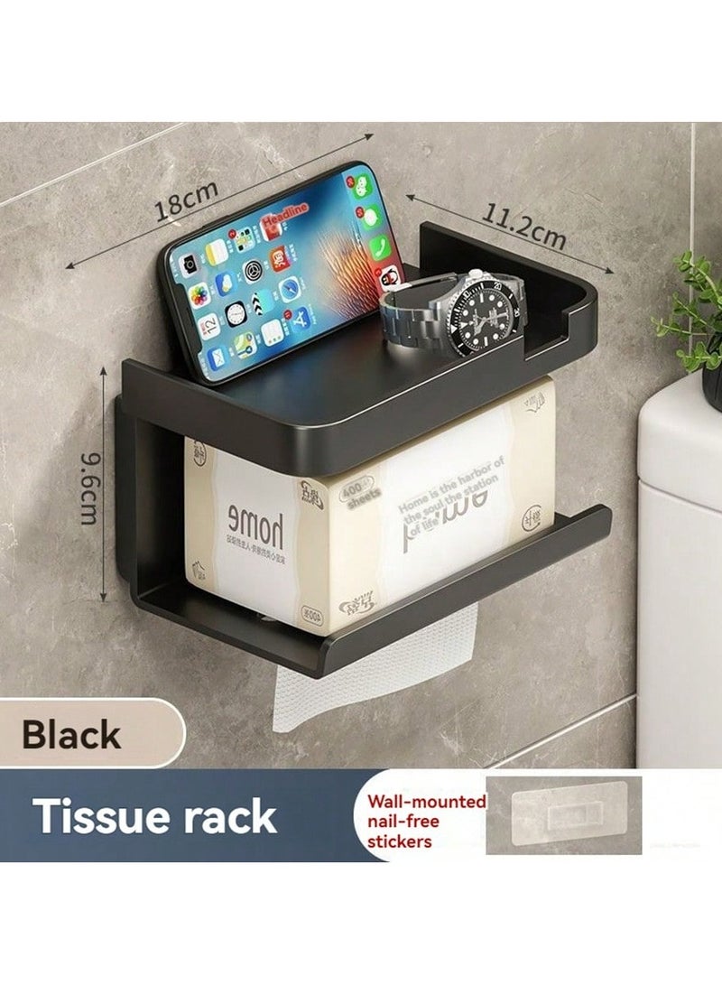 Self-Adhesive Toilet Paper Holder with Phone Shelf for Bathroom, Wall-Mounted Tissue/ Towel Roll Rack (Black) - Image 1
