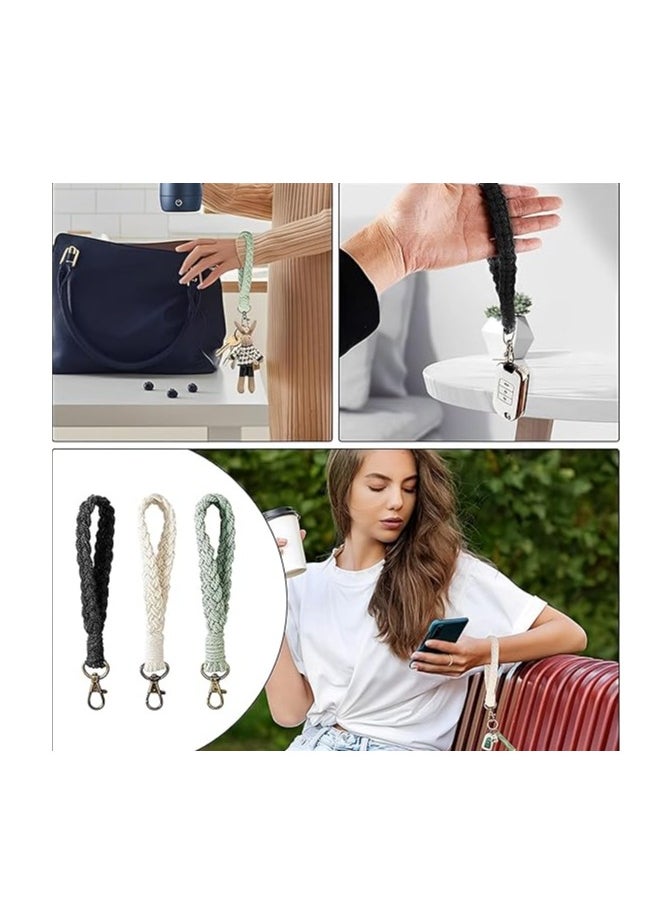 Antikiano - Pack of 3 Key Chains, Macrame Key Chain, Bracelet Lanyard, Short Lanyard, Boho Bracelet Lanyard, Soft Macrame Keyring, for Women (Black, White, Light Green), colour, 1 - Image 1