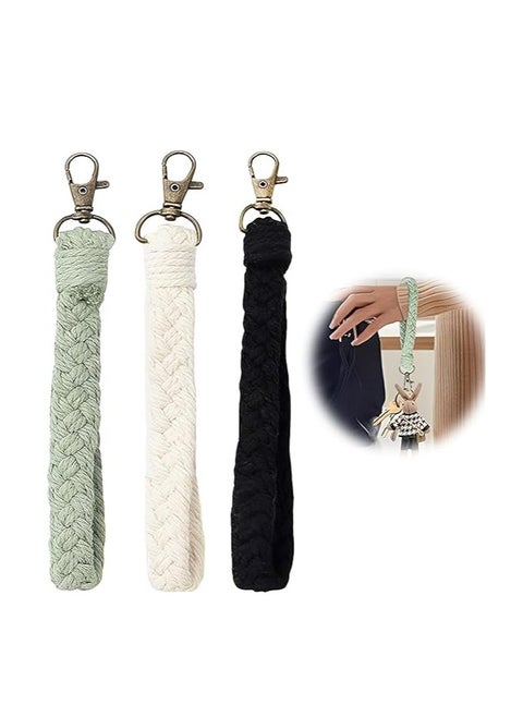 Pack of 3 Key Chains, Macrame Key Chain, Bracelet Lanyard, Short Lanyard, Boho Bracelet Lanyard, Soft Macrame Keyring, for Women (Black, White, Light Green), colour, 1
