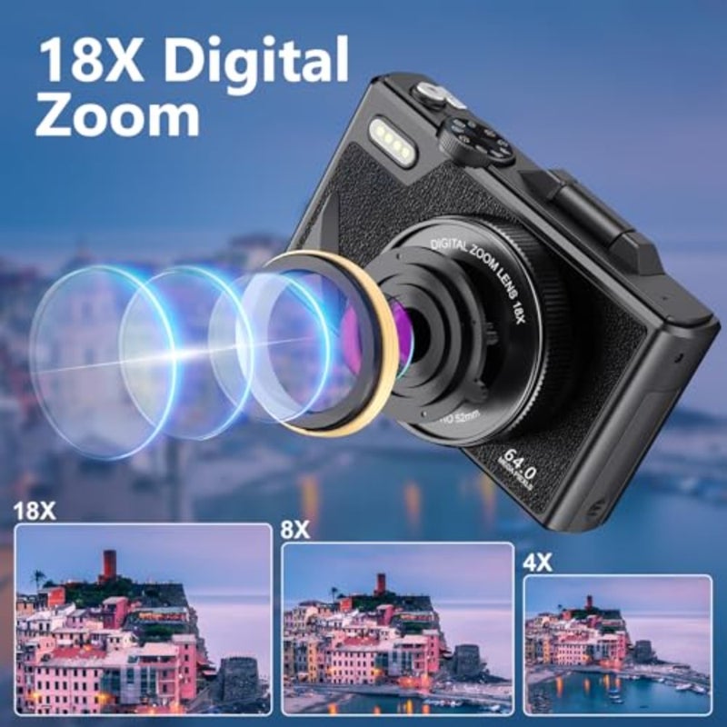 5K Digital Camera, 75MP Camera, with 18X Zoom, 3 Inch Flip Screen, HD Compact Camera, for Travel Photography - Image 3