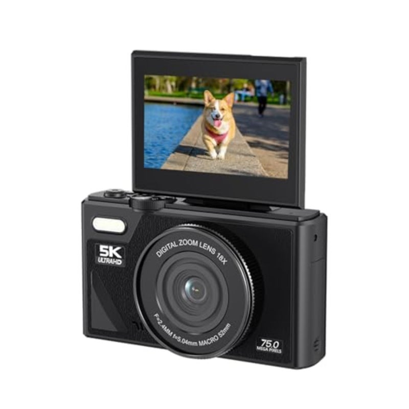 5K Digital Camera, 75MP Camera, with 18X Zoom, 3 Inch Flip Screen, HD Compact Camera, for Travel Photography - Image 1