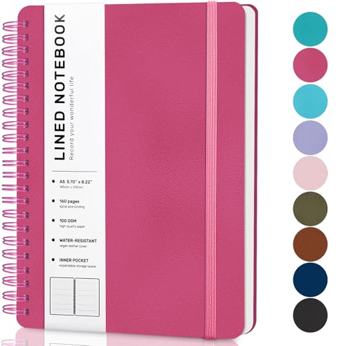 ABERLLS Lined Spiral Journal Notebook with 160 Pages, 8×5.7in, A5 Spiral Notebook, Journaling Notebooks for Work, School, Women, Men, College Ruled Spiral Notebook, Hardcover Leather Journals, Deeppink - Image 1