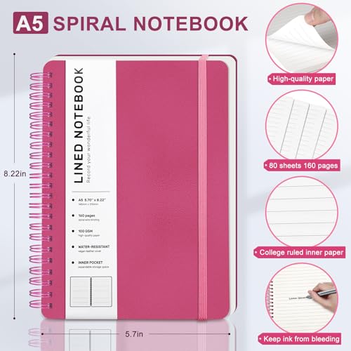 ABERLLS Lined Spiral Journal Notebook with 160 Pages, 8×5.7in, A5 Spiral Notebook, Journaling Notebooks for Work, School, Women, Men, College Ruled Spiral Notebook, Hardcover Leather Journals, Deeppink - Image 2