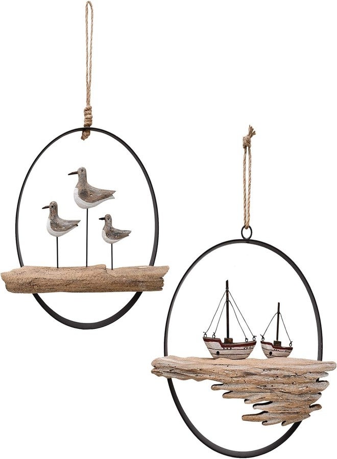 Linfevisi Wooden Seagull Sailboat Wall Decor Hanging Nautical Decorations Solid Wood Sea Bird Wall Sculpture Inside Coastal Beach Round Ocean Sea Theme Wall Art for Home Decor Bathroom Set of 2 - Image 1