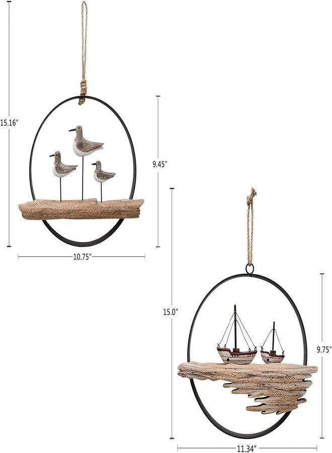 Linfevisi Wooden Seagull Sailboat Wall Decor Hanging Nautical Decorations Solid Wood Sea Bird Wall Sculpture Inside Coastal Beach Round Ocean Sea Theme Wall Art for Home Decor Bathroom Set of 2 - Image 2