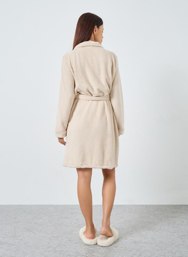 Styli Beige Shawl Collar Fleece Robe - Image 4