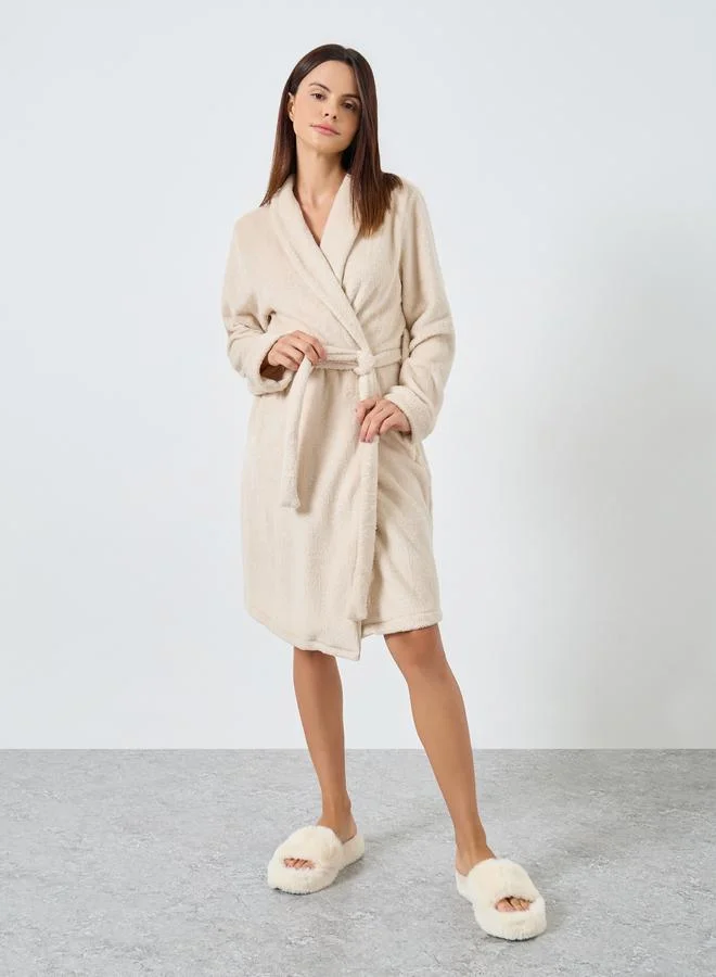 Styli Beige Shawl Collar Fleece Robe