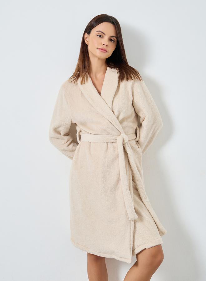 Styli Beige Shawl Collar Fleece Robe - Image 2