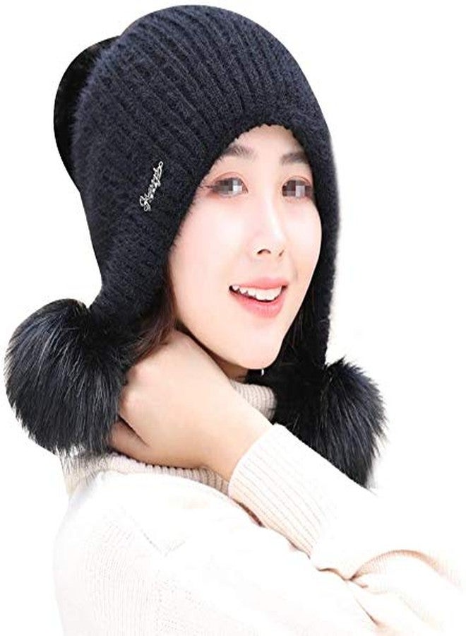 Malvina Women's & Girl's Winter Warm Knitted Beanie Hat with Fur Pom Warm Knit Skull Cap Beanie (Black) - Image 1