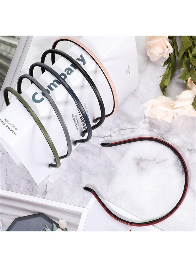 WILLBOND 6 Pieces Plastic Skinny Headband Thin Leather Covered Headband Hair Loop Clasp Hairbands Solid Simple Headband for Women and Girls, 6 Colors - Image 2