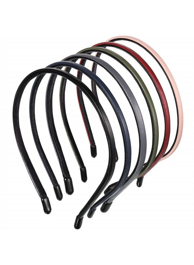 WILLBOND 6 Pieces Plastic Skinny Headband Thin Leather Covered Headband Hair Loop Clasp Hairbands Solid Simple Headband for Women and Girls, 6 Colors - Image 1