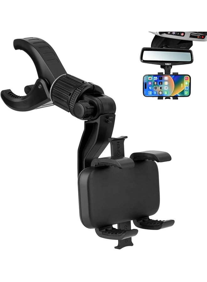 إكسفور حامل هاتف للسيارة بمرآة الرؤية الخلفية يدور 360 درجة، متعدد الوظائف، مسند رأس للمقعد الخلفي للسيارة، حامل هاتف عالمي، متوافق مع جميع الهواتف الذكية - Image 1