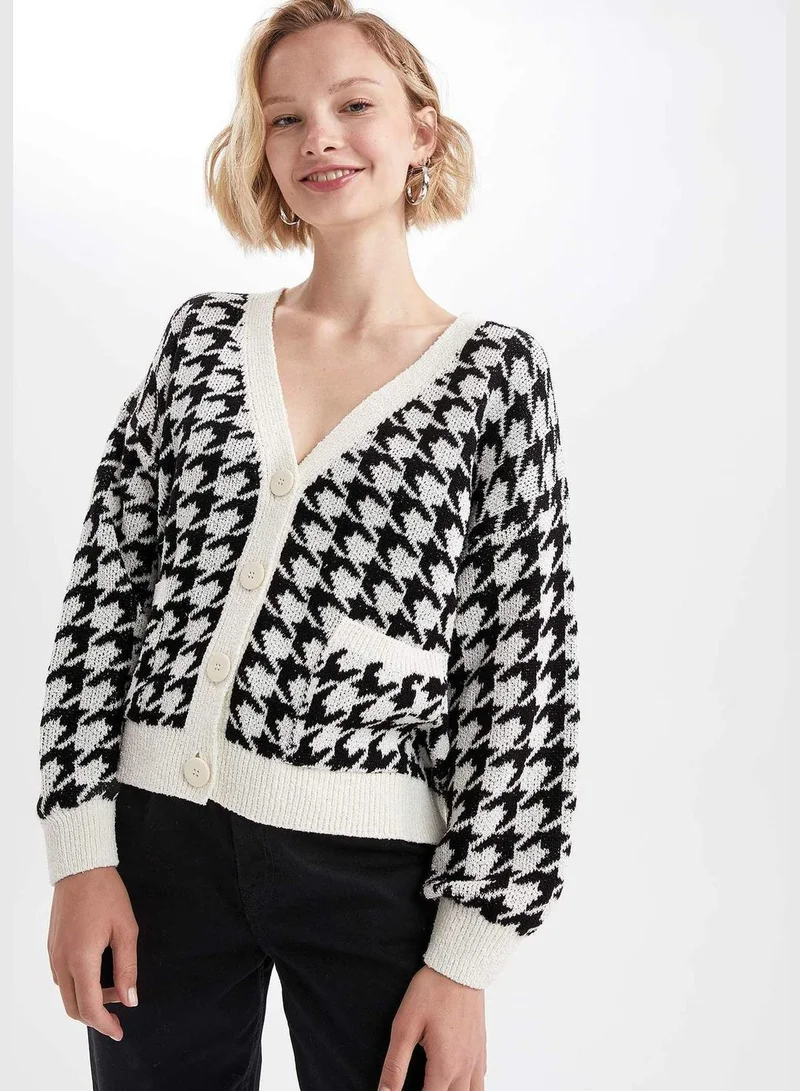 DeFacto V Neck Plaid Cardigan