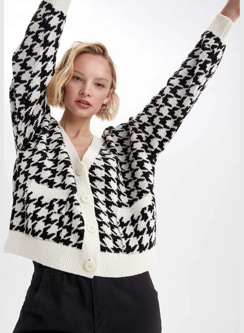 DeFacto V Neck Plaid Cardigan