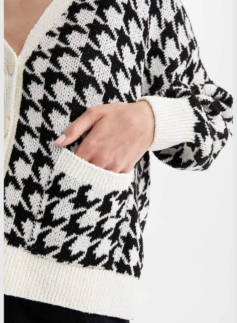 DeFacto V Neck Plaid Cardigan