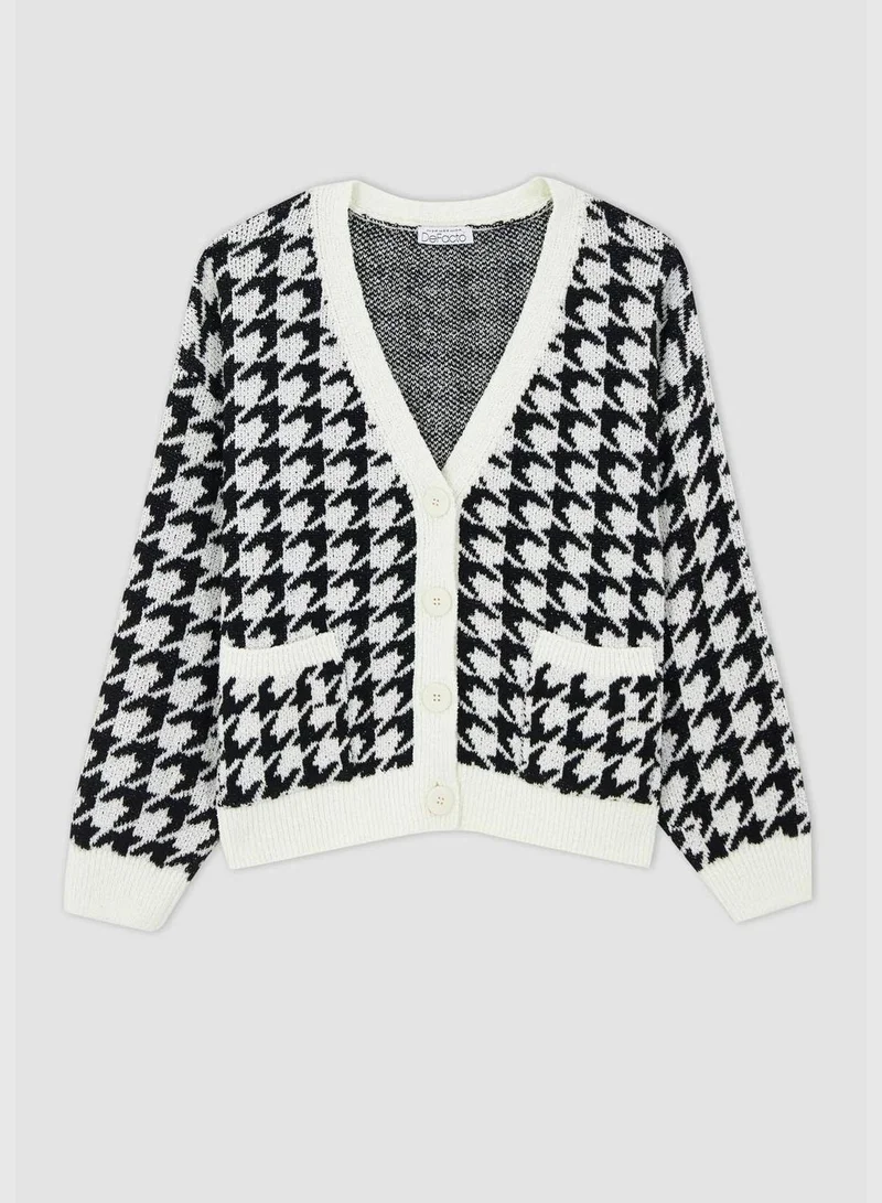DeFacto V Neck Plaid Cardigan