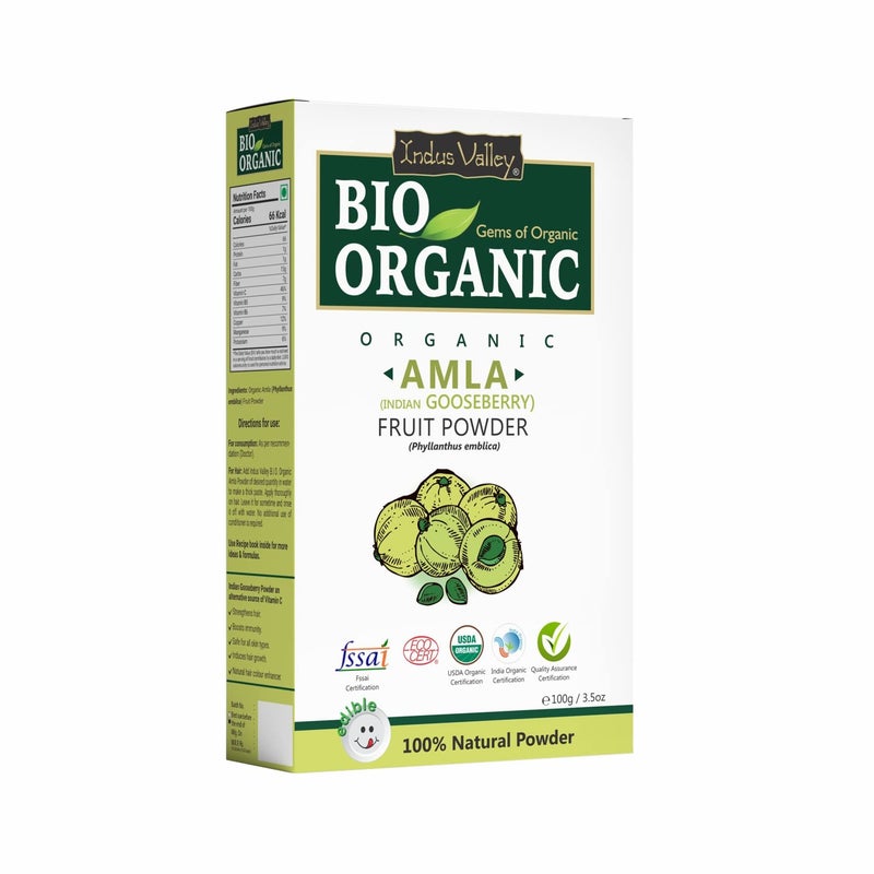 INDUS VALLEY Bio Organic 100 Natural Amla Indian Gooseberry Fruit Powder for Hair Growth Skin Drinking and Eating 100g - Image 1