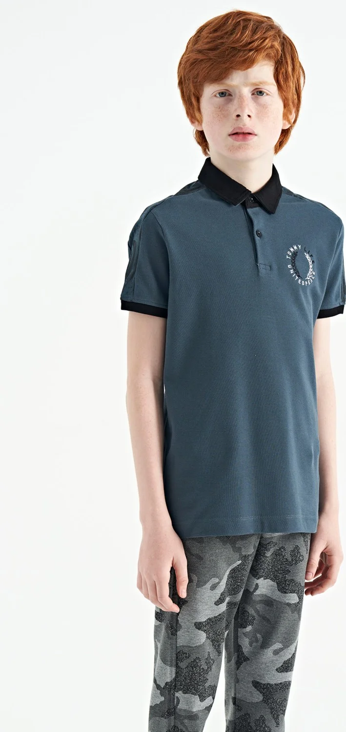 Tommy Life Forest Green Print Detailed Pola Collar Standard Size Boys T-Shirt - 11166