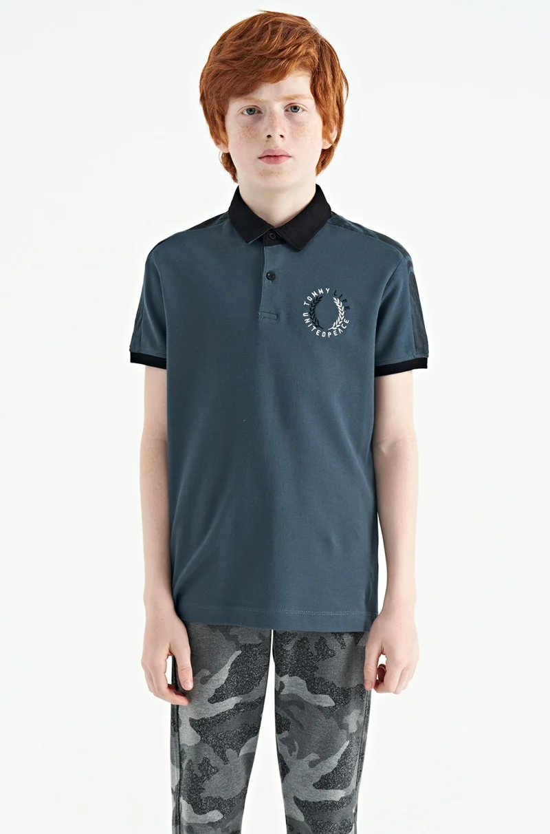 Tommy Life Forest Green Print Detailed Pola Collar Standard Size Boys T-Shirt - 11166
