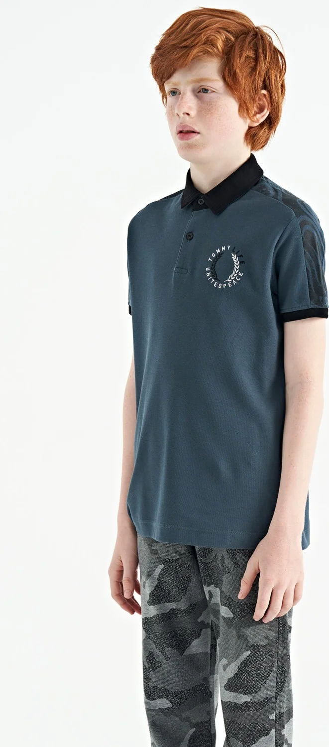 Tommy Life Forest Green Print Detailed Pola Collar Standard Size Boys T-Shirt - 11166