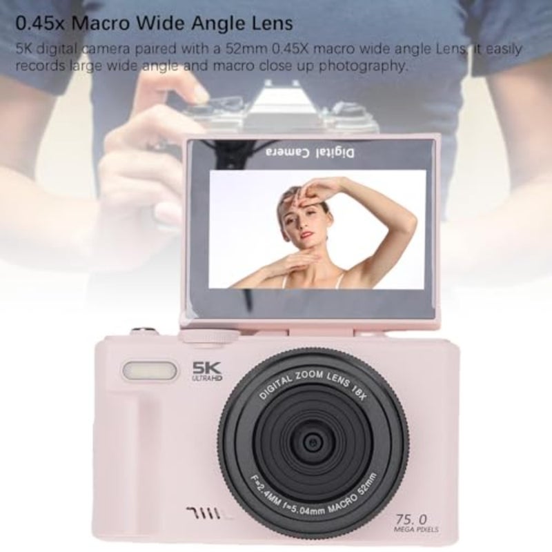 5K Digital Camera, 75MP WiFi Vlog Cameras with 18X Digital Zoom, 3.0 Inch 180 Degree Flip Screen, Wide Angle Macro Lens, 19 Filters, Include 32GB Memory Card, for Travel - Image 2