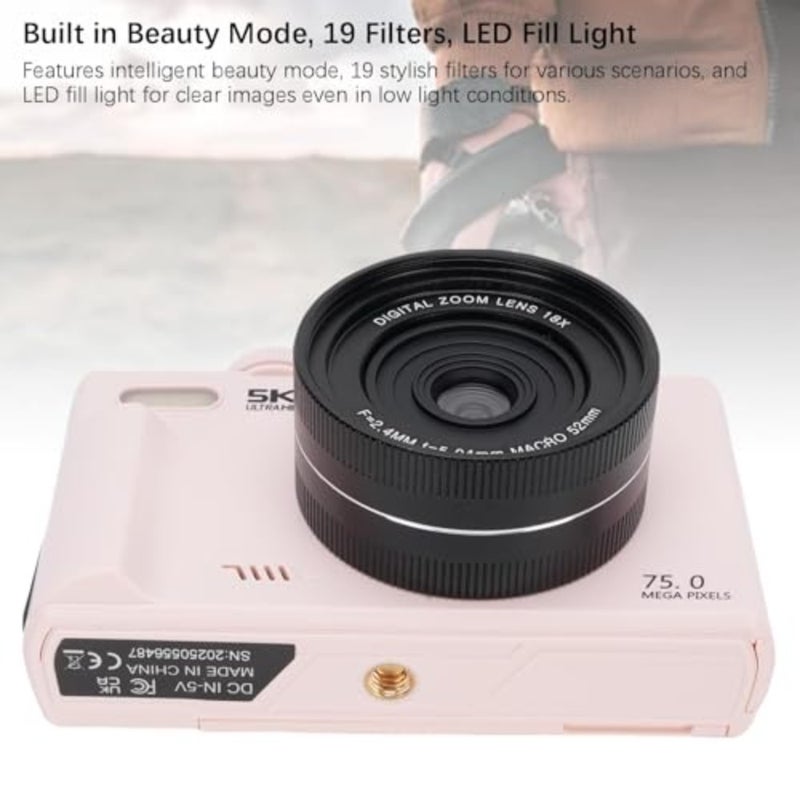 5K Digital Camera, 75MP WiFi Vlog Cameras with 18X Digital Zoom, 3.0 Inch 180 Degree Flip Screen, Wide Angle Macro Lens, 19 Filters, Include 32GB Memory Card, for Travel - Image 3