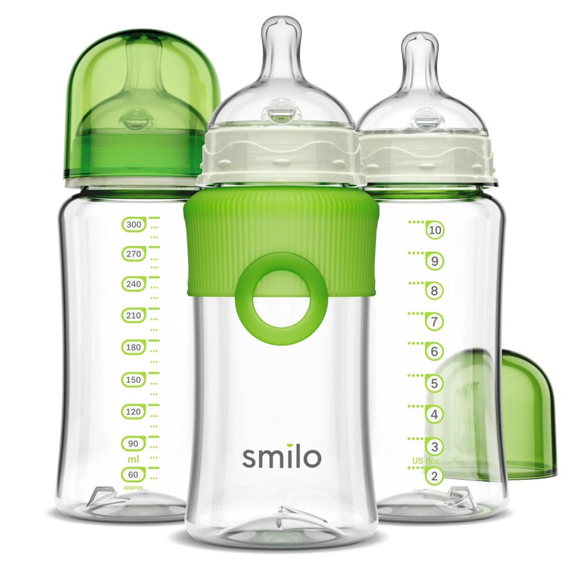 Smilo Baby Bottle Set with Stage 0 Slow Flow Anti Colic Nipple, 10 Oz / 300 ml Capacity, 3X Pack of Anti Colic Baby Bottles 0-3 Months - Glow in The Dark - Image 1
