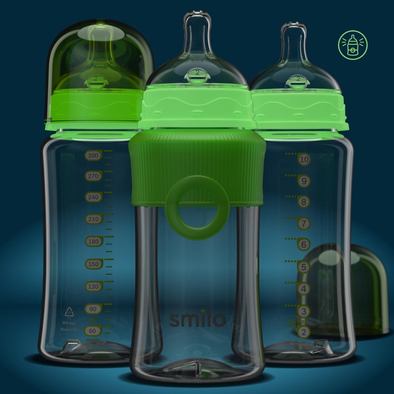 Smilo Baby Bottle Set with Stage 0 Slow Flow Anti Colic Nipple, 10 Oz / 300 ml Capacity, 3X Pack of Anti Colic Baby Bottles 0-3 Months - Glow in The Dark - Image 2