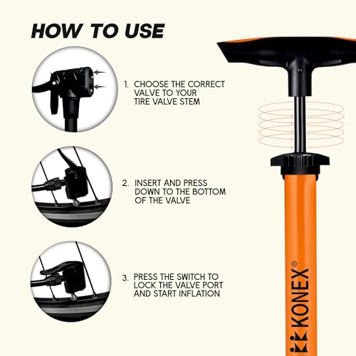 Konex Portable Air Pump with Needle & Dual Valve | Ergonomic Grip with Sturdy Base | Ideal for Inflating Cycle Tyres, Sports Balls, Swimming Rings, Balloons (Orange) - Image 3