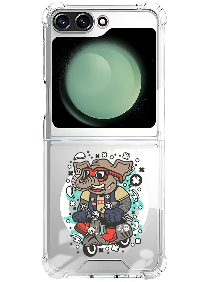 Theodor Magnetic Case for Samsung Galaxy Z Flip 5 Compatible with MagSafe Wireless Charging, Shockproof Phone Bumper Cover Elephant on bike - Image 1