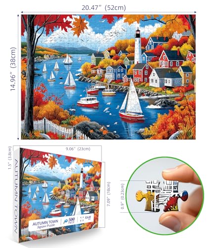Blueforest Puzzles for Adults 500 Pieces Autumn Town Jigsaw Puzzles for Adults Beautiful Fall Seaside Landscape Puzzles 500 Pieces Challenging Family Puzzle for Women Men Seniors Size is 21x15 - Image 5