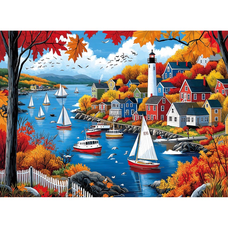 Blueforest Puzzles for Adults 500 Pieces Autumn Town Jigsaw Puzzles for Adults Beautiful Fall Seaside Landscape Puzzles 500 Pieces Challenging Family Puzzle for Women Men Seniors Size is 21x15 - Image 3