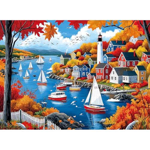 Blueforest Puzzles for Adults 500 Pieces Autumn Town Jigsaw Puzzles for Adults Beautiful Fall Seaside Landscape Puzzles 500 Pieces Challenging Family Puzzle for Women Men Seniors Size is 21x15 - Image 1