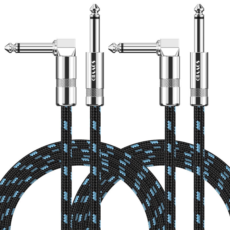 Sovvid 10FT 2 Pack Instrument Cable - Electric & Bass Guitar, Keyboard, AMP Cord - 1/4 Inch Right Angle Black & Blue - Image 1
