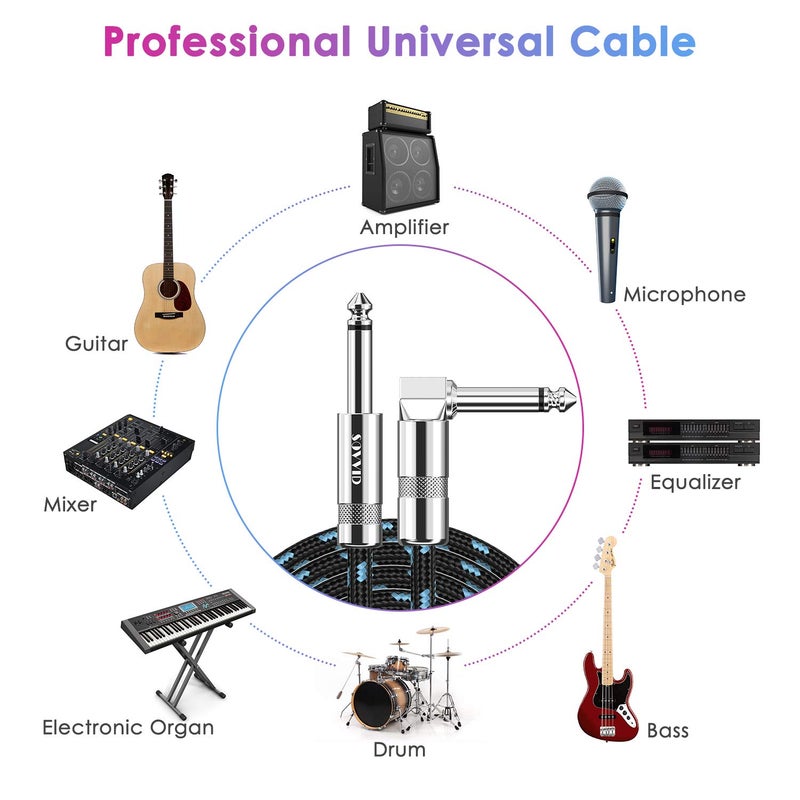 Sovvid 10FT 2 Pack Instrument Cable - Electric & Bass Guitar, Keyboard, AMP Cord - 1/4 Inch Right Angle Black & Blue - Image 2