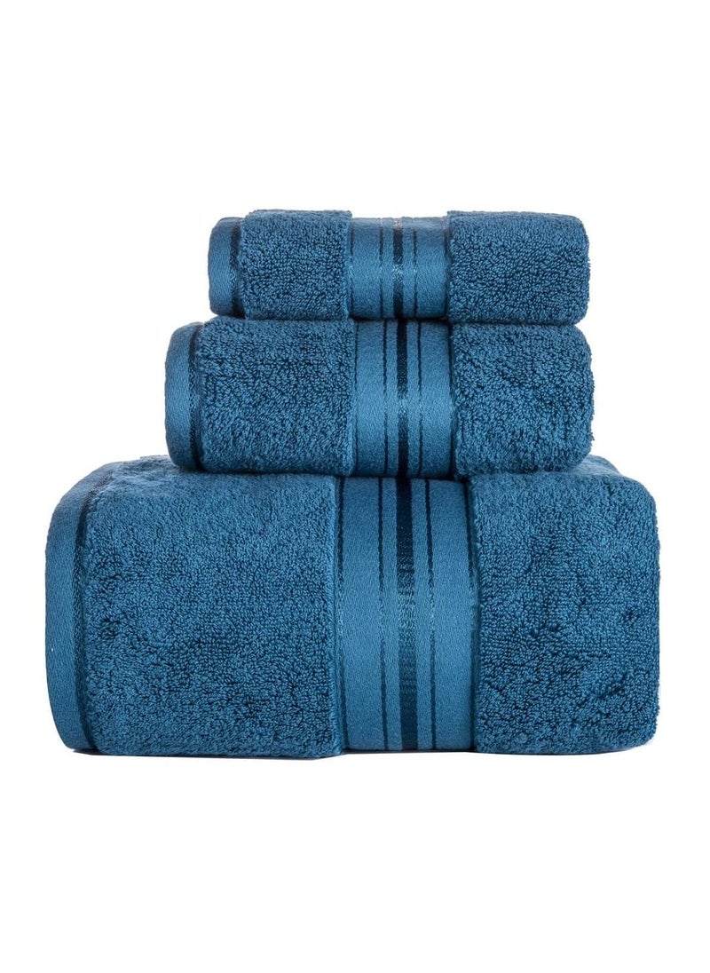 joyzzz - Luxury Bath Towels Set 3 Pack, Towel Set 100% Cotton (1 Large Bath Towel, 1 Hand Towel, 1 Washcloth) Ultra Soft and Highly Absorbent, for Bathroom, Hotel, Spa, Beach and Gym-Blue - Image 1