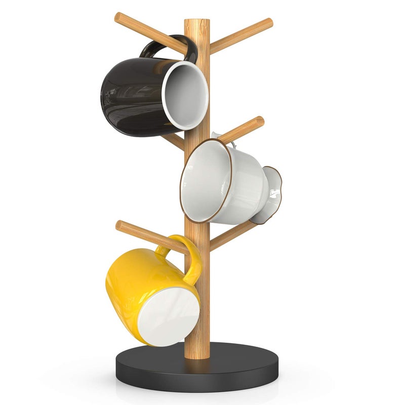 Wisuce Bamboo Coffee Mug Holder Tree Thicker Base Coffee Cup Holder Stand for Counter Mug Rack with 6 Hooks