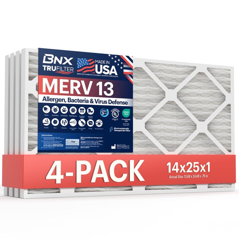 BNX TruFilter 14x25x1 Air Filter MERV 13 (4-Pack) - MADE IN USA - Electrostatic Pleated Air Conditioner HVAC AC Furnace Filters for Allergies, Pollen, Mold, Bacteria, Smoke, Allergen, MPR 1900 FPR 10 - Image 1