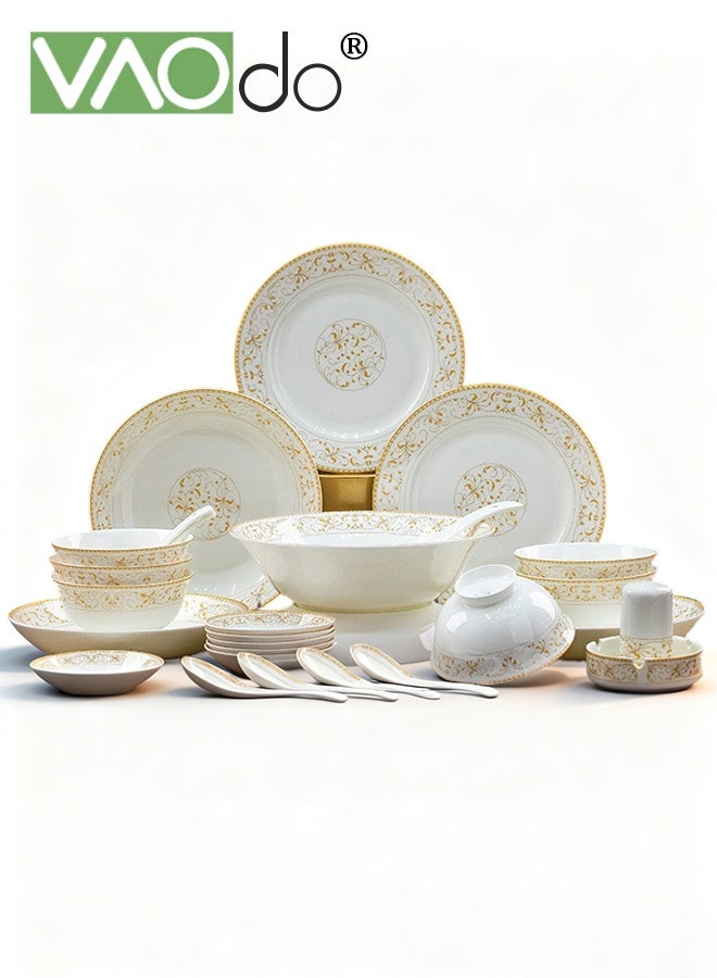 فاو دو مجموعة أواني طعام من البورسلين مكونة من 28 قطعة، مجموعة أوعية وأطباق، مجموعة أطباق خزفية متينة، تكفي لـ 6 أشخاص، آمنة للاستخدام في الفريزر والميكروويف - Image 1