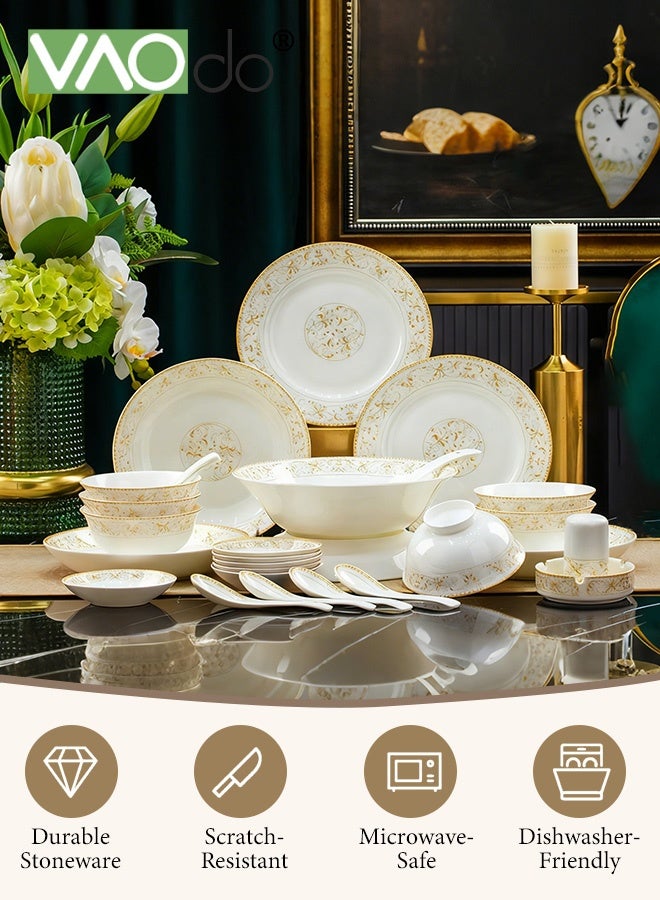 فاو دو مجموعة أواني طعام من البورسلين مكونة من 28 قطعة، مجموعة أوعية وأطباق، مجموعة أطباق خزفية متينة، تكفي لـ 6 أشخاص، آمنة للاستخدام في الفريزر والميكروويف - Image 2