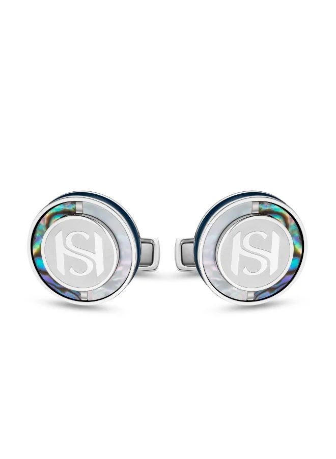 Saint Honore Paris Mother Of Pearl Silver with Blue Inlay Cufflinks for Men's