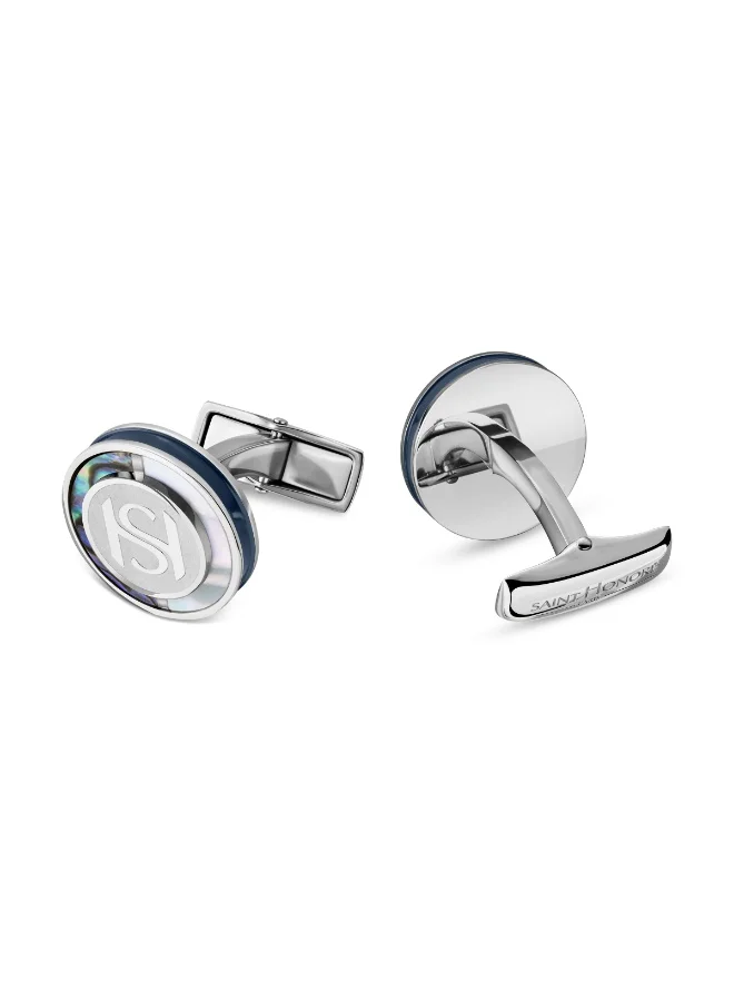 Saint Honore Paris Mother Of Pearl Silver with Blue Inlay Cufflinks for Men's