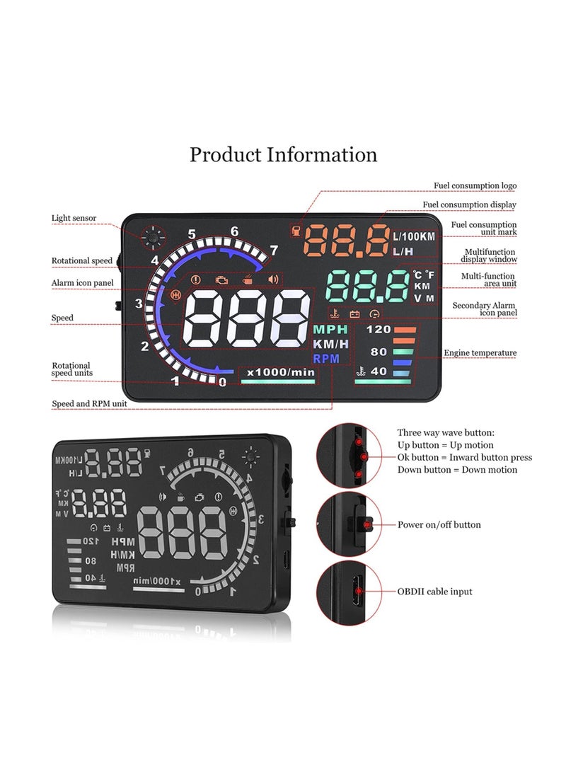 Y&D HUD Display for Cars OBD2, A8 Head-up 5.5 inches, Plug & Play Digital Speedometer MPH RPM, Overspeed Warning, Universal OBDII, EUOBD Auto Speed Heads Up Windshield  - Image 3