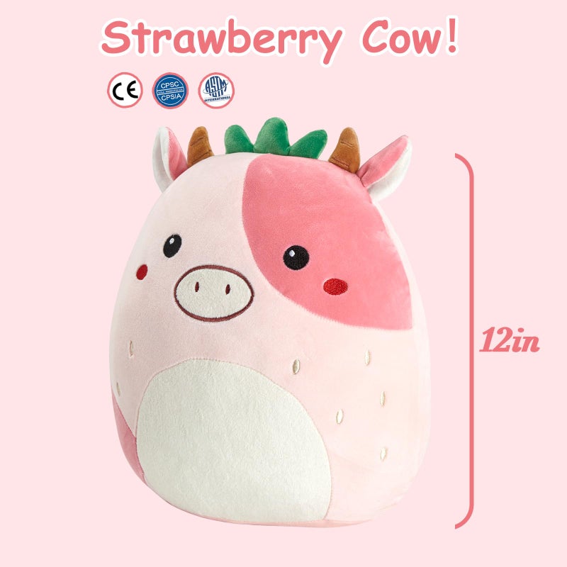 CozyWorld 12"" Strawberry Cow Plush Pillow Stuffed Animals Original Plushie Cute Soft for Boys Girls - Image 2