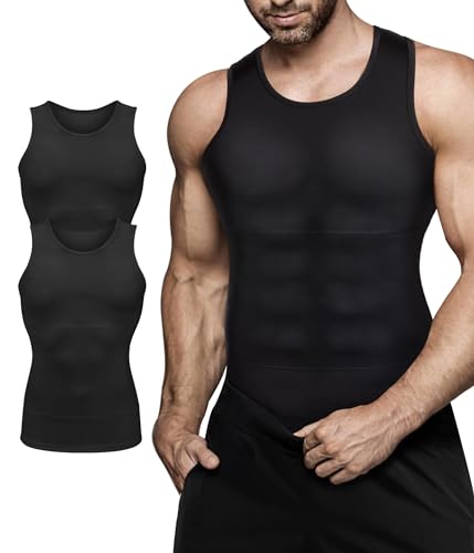Eleady Mens Compression Shirt Slimming Body Shaper Vest Workout Tank Tops Abs Abdomen Undershirts 2 Packs - Black+Black, Large - Image 5
