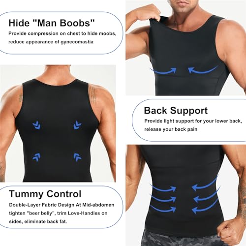 Eleady Mens Compression Shirt Slimming Body Shaper Vest Workout Tank Tops Abs Abdomen Undershirts 2 Packs - Black+Black, Large - Image 2