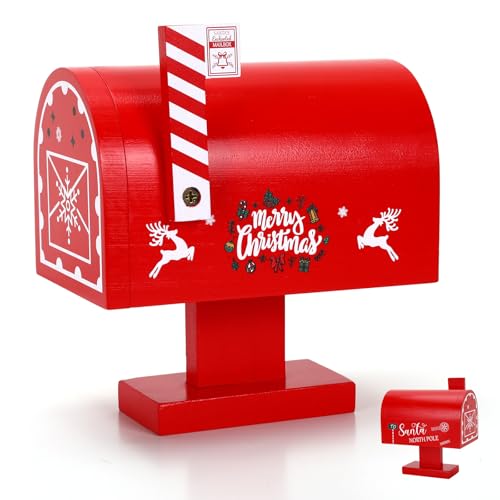 JULEASEL Wooden Christmas Mailbox with 12 Envelopes Cards Letters to Santa Holiday Decoration for Kids Family Red Wooden Santa Mail Box for Christmas Tabletop Display - Image 1