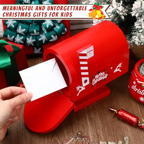 JULEASEL Wooden Christmas Mailbox with 12 Envelopes Cards Letters to Santa Holiday Decoration for Kids Family Red Wooden Santa Mail Box for Christmas Tabletop Display - Image 3
